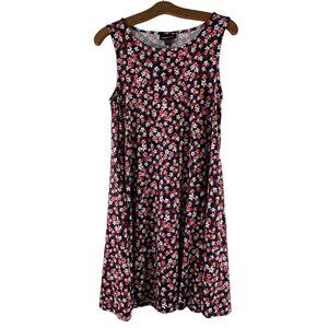 Nina Leonard Size Medium Navy Floral Sleeveless ALine Dress Scoop Neck Pink Blue